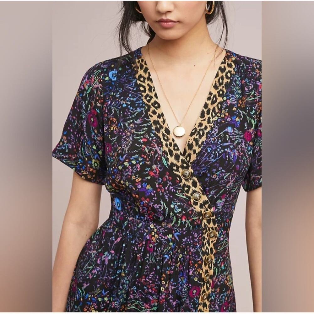 Anthropologie Maeve Floral Leopard Dress Faux Wrap Morgan Midi Sz 0 - Picture 1 of 12